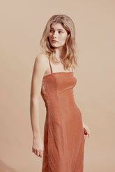 Velvet spaghetti strap midi dress with front slit and figure-enhancing tailored fit